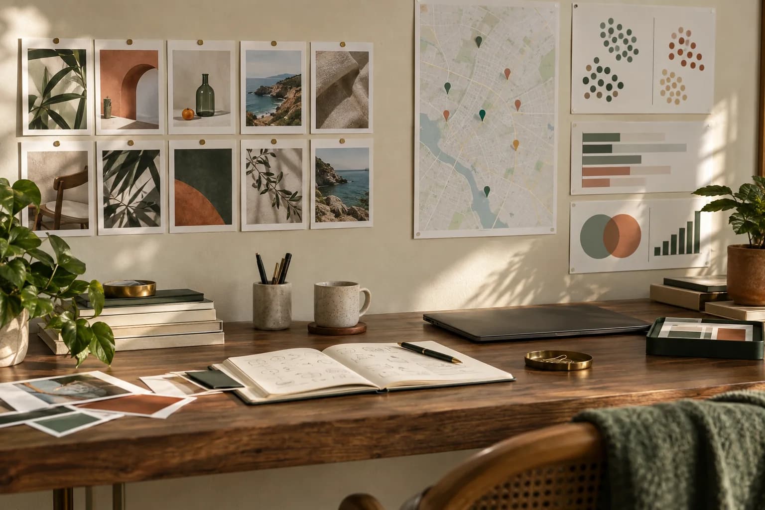 Empty campaign research workspace with ad concept prints, a local map, and comparison charts.