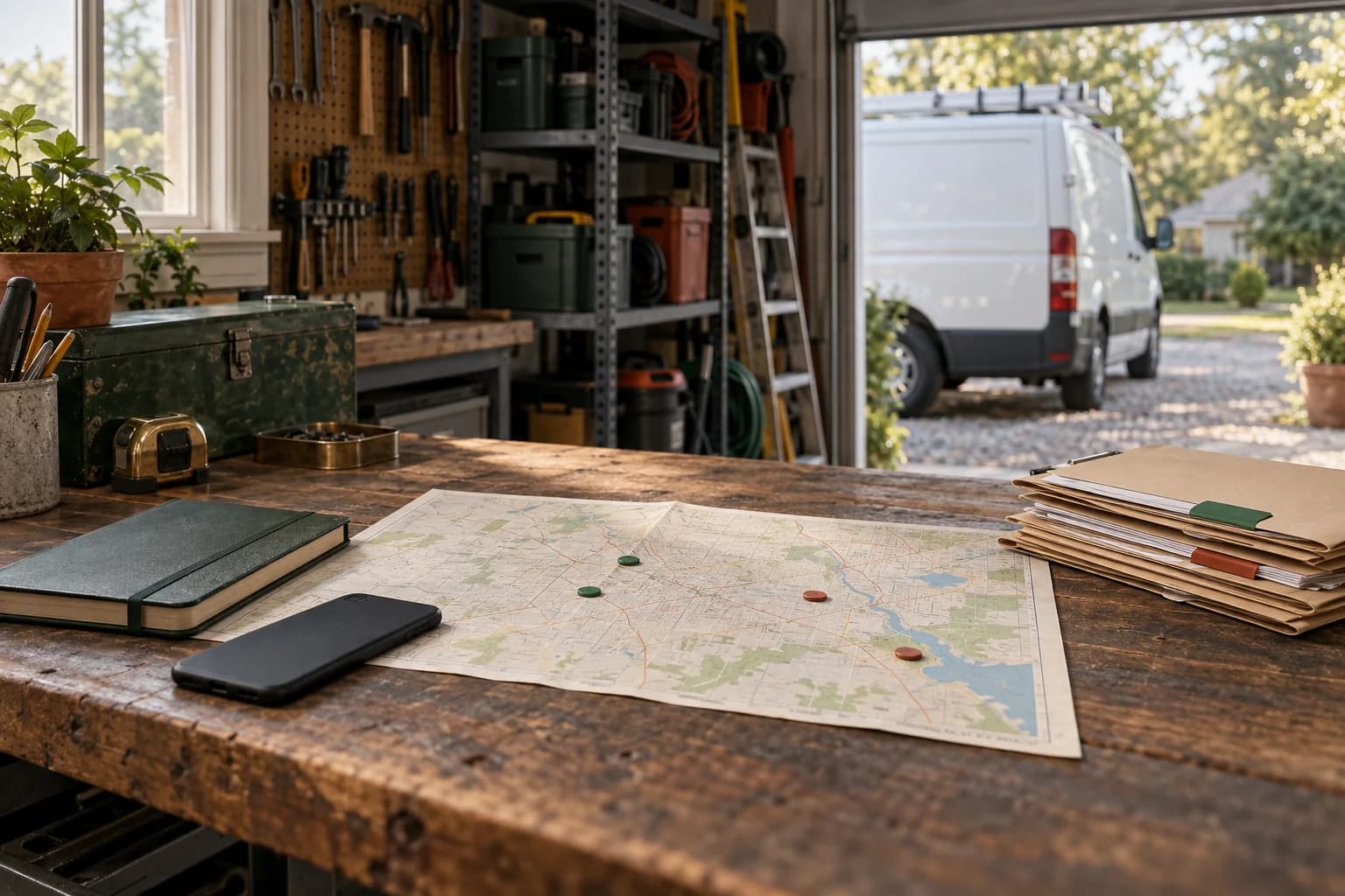 Empty home-service workshop with a territory map, job folders, and a work van outside.